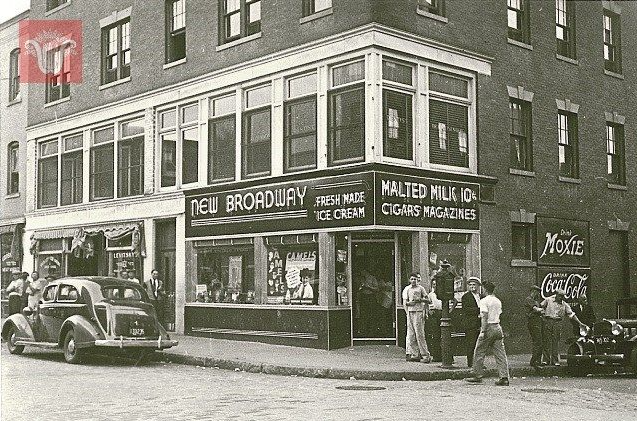 Black and white photo of The Broadway storefront, circa 1930s–40s